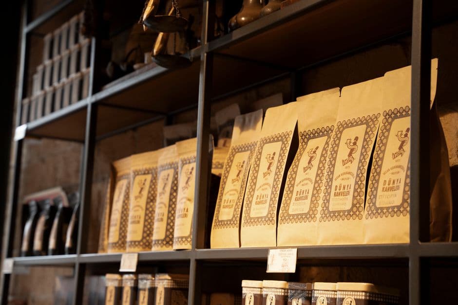 Bags of coffee on a shelf