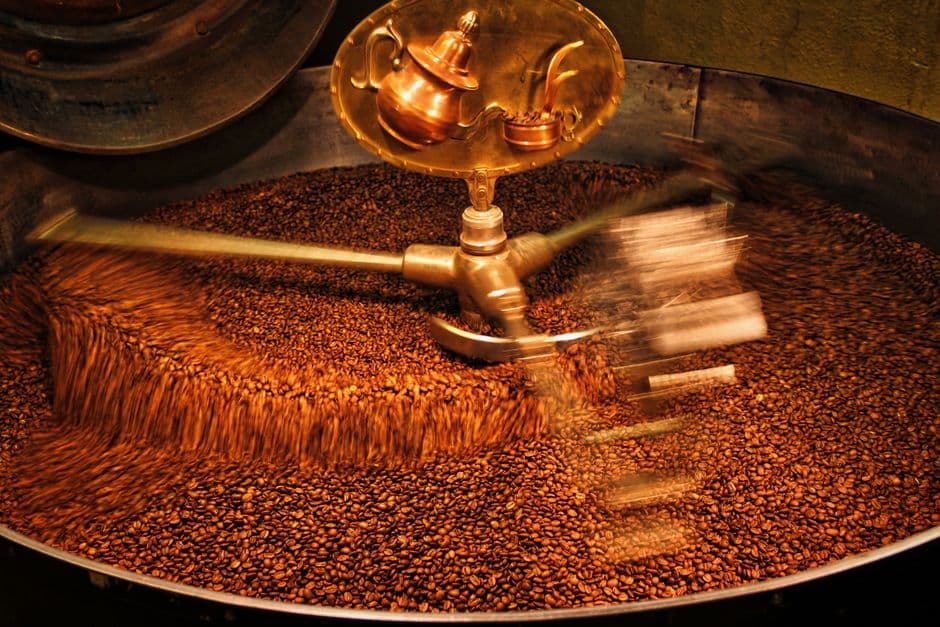 Beans turning in the roaster's drum
